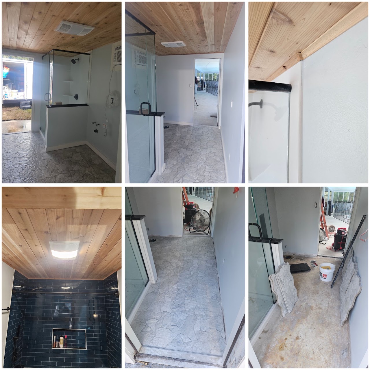 Pool house bathroom remodel with stone-look flooring, cedar ceiling and a blue tile shower