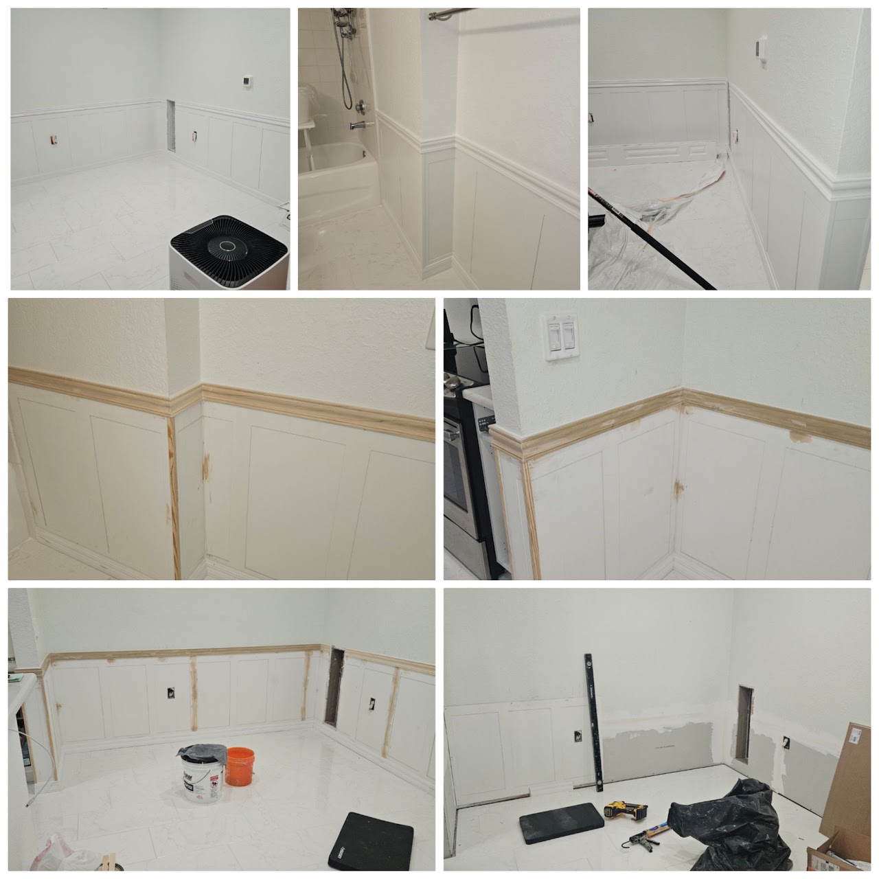 Interior walls fitted with white picture-frame wainscoting, in progress and finished