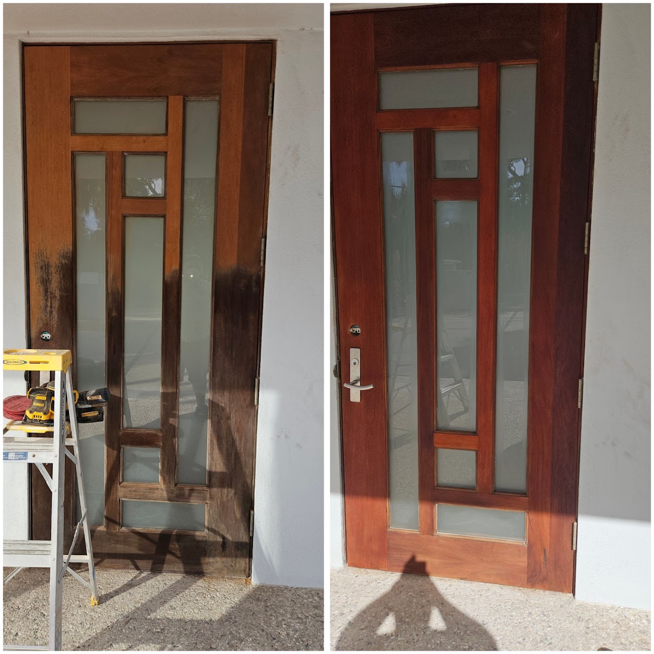 Exterior entry door before and after restoration, sanded and stained a rich brown