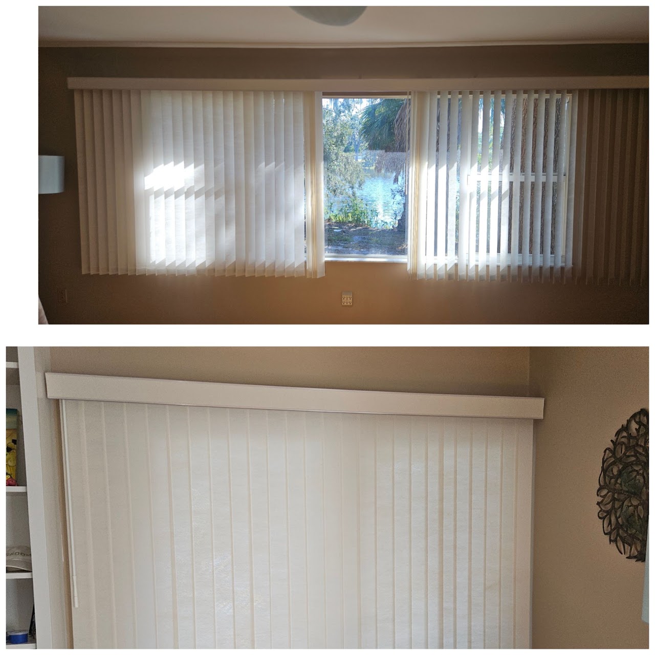 Wide window fitted with white vertical blinds, open to a water view and closed for privacy