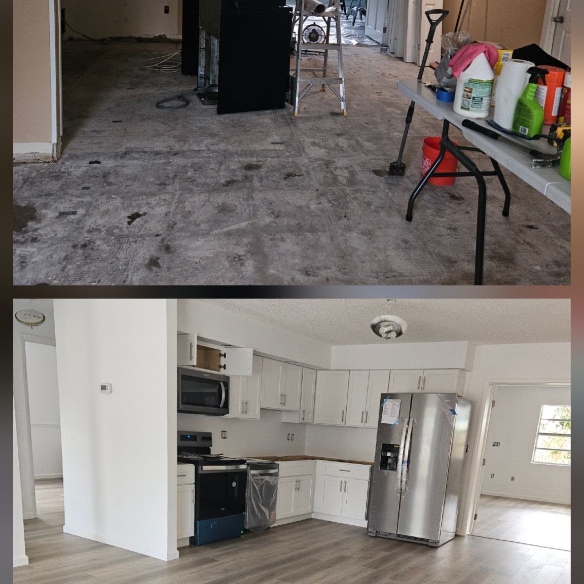Kitchen renovation in progress and finished, with white cabinets and stainless steel appliances