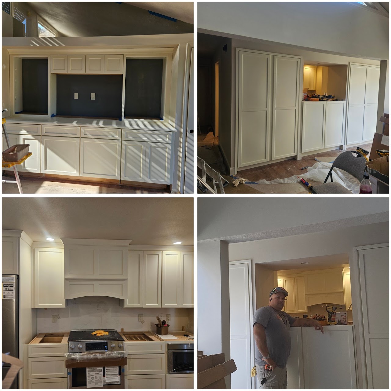 Custom cream kitchen cabinets, range hood and pantry units being installed