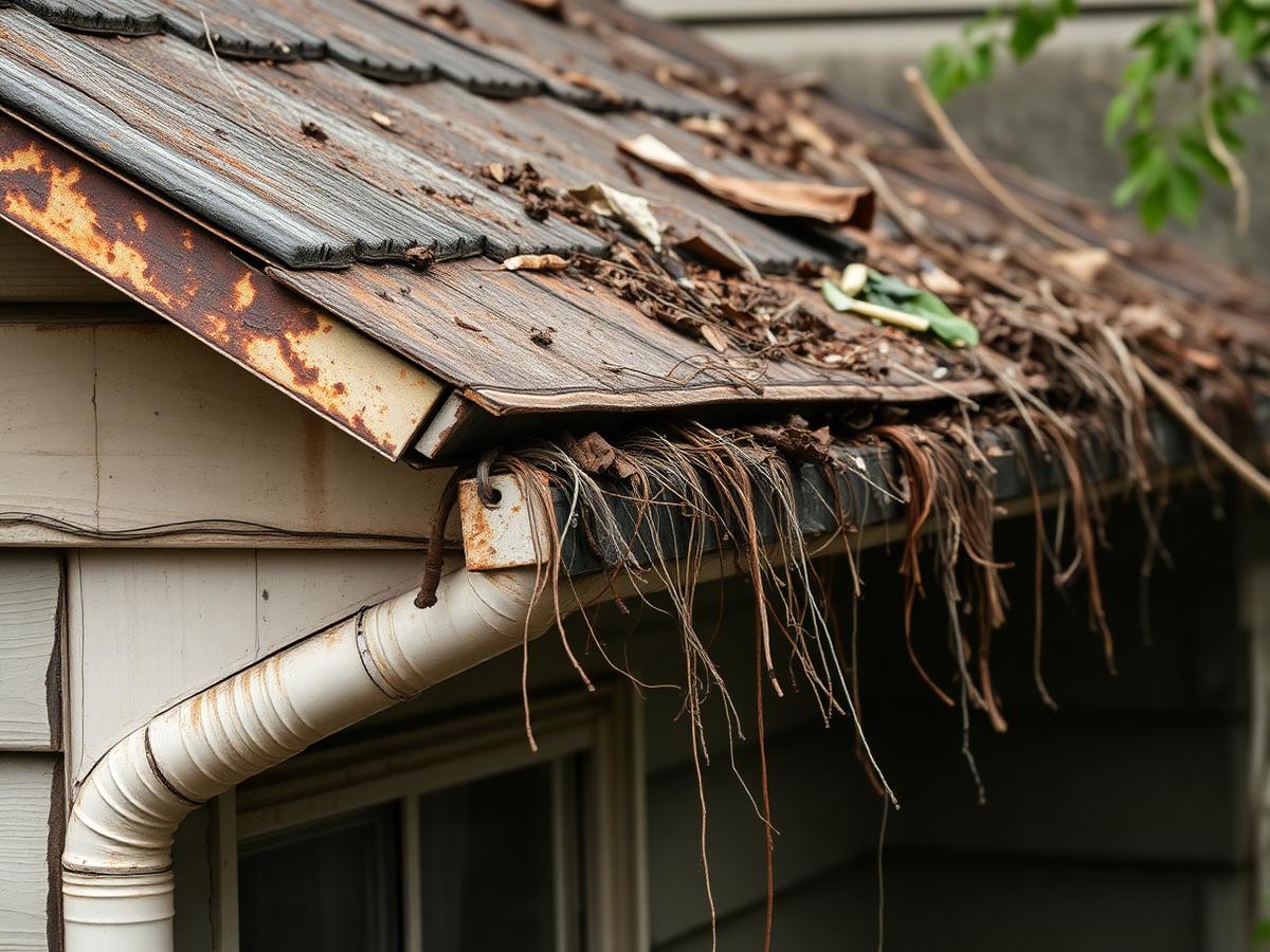 Old rusted gutter sagging and clogged with debris before replacement