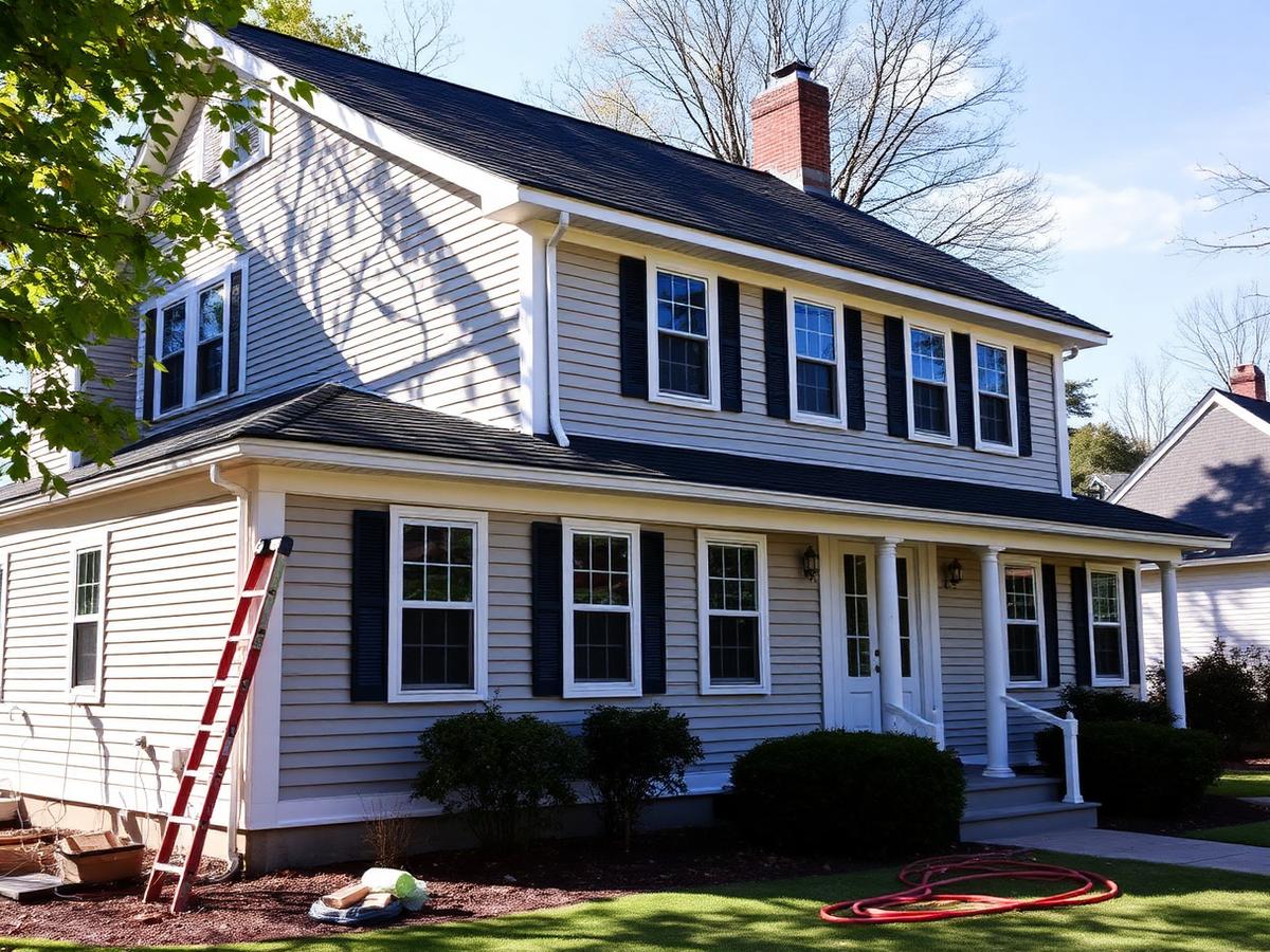 Colonial home during an exterior siding and trim project