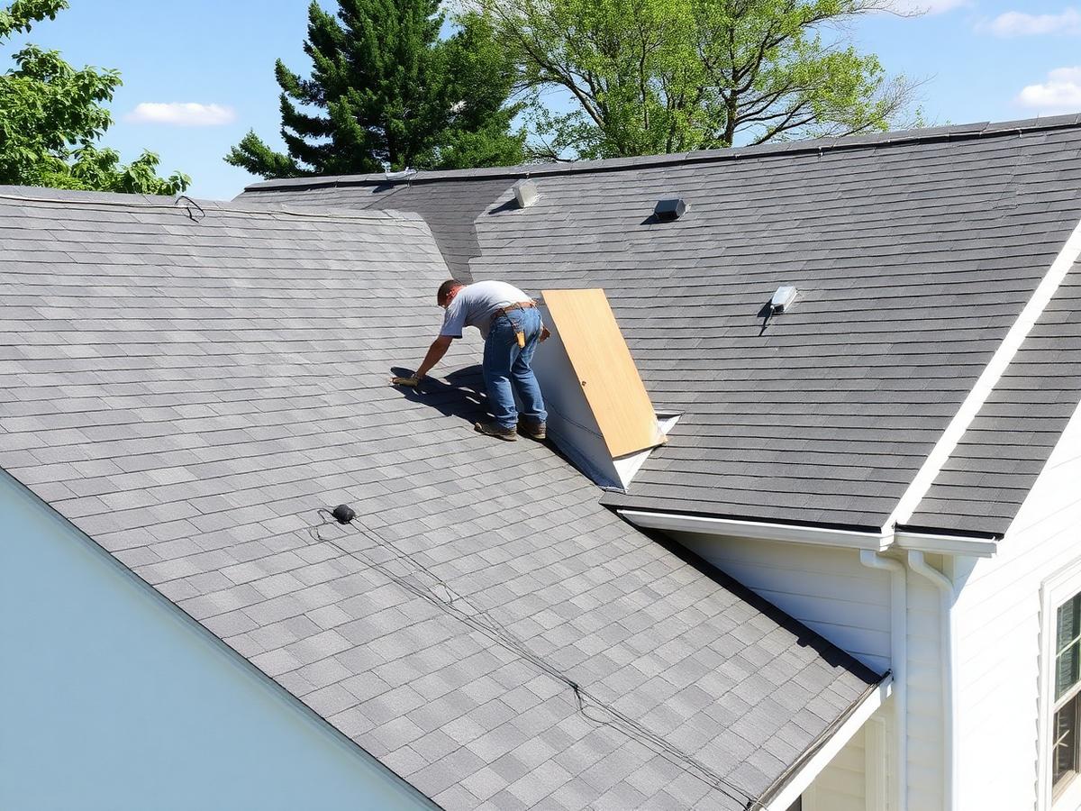 Roofer installing asphalt shingles on a residential roof