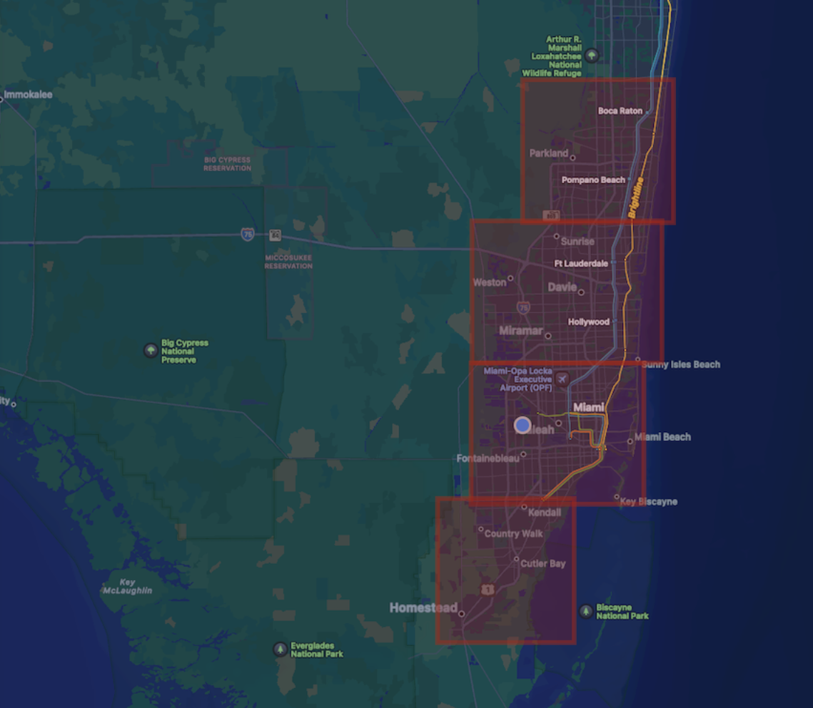 Map highlighting Da Cleaning Bros service area across South Florida from Boca Raton to Homestead