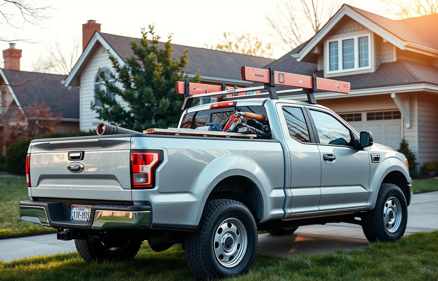 Swing Bridge Contracting work truck with ladder rack parked at a residential job site